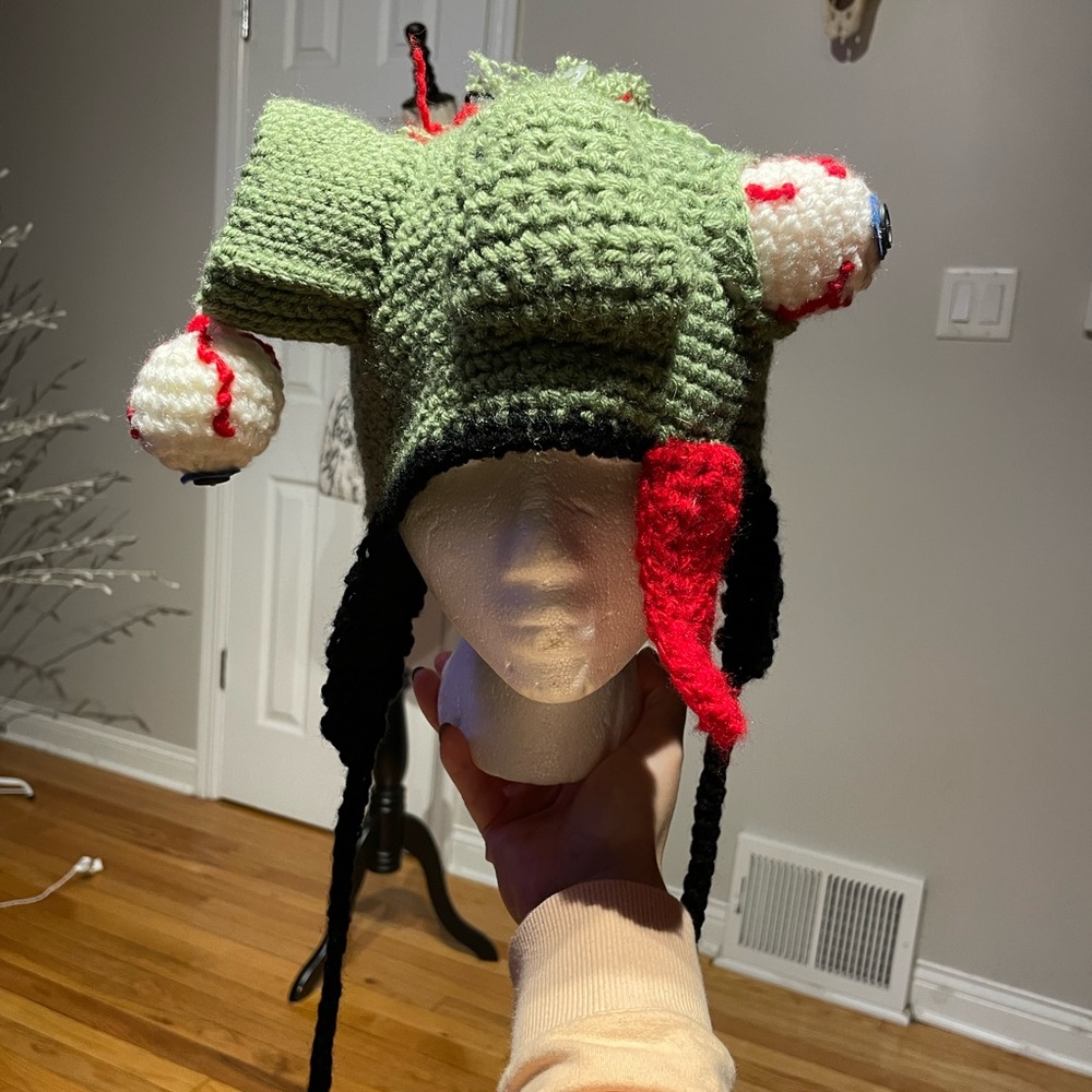 Handcrafted Knit Chunky Crazy Fun Winter Beanie frog face cable ribbed hat
